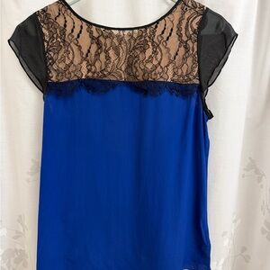 Anthropologie Blue Blouse with Black Lace Detail